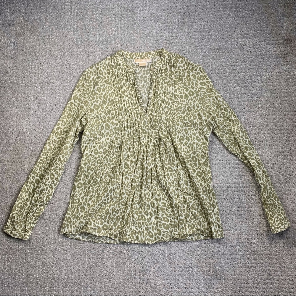Michael Kors Green Leopard Long Sleeve Mandarin Collar Blouse Shirt Women Sz 10